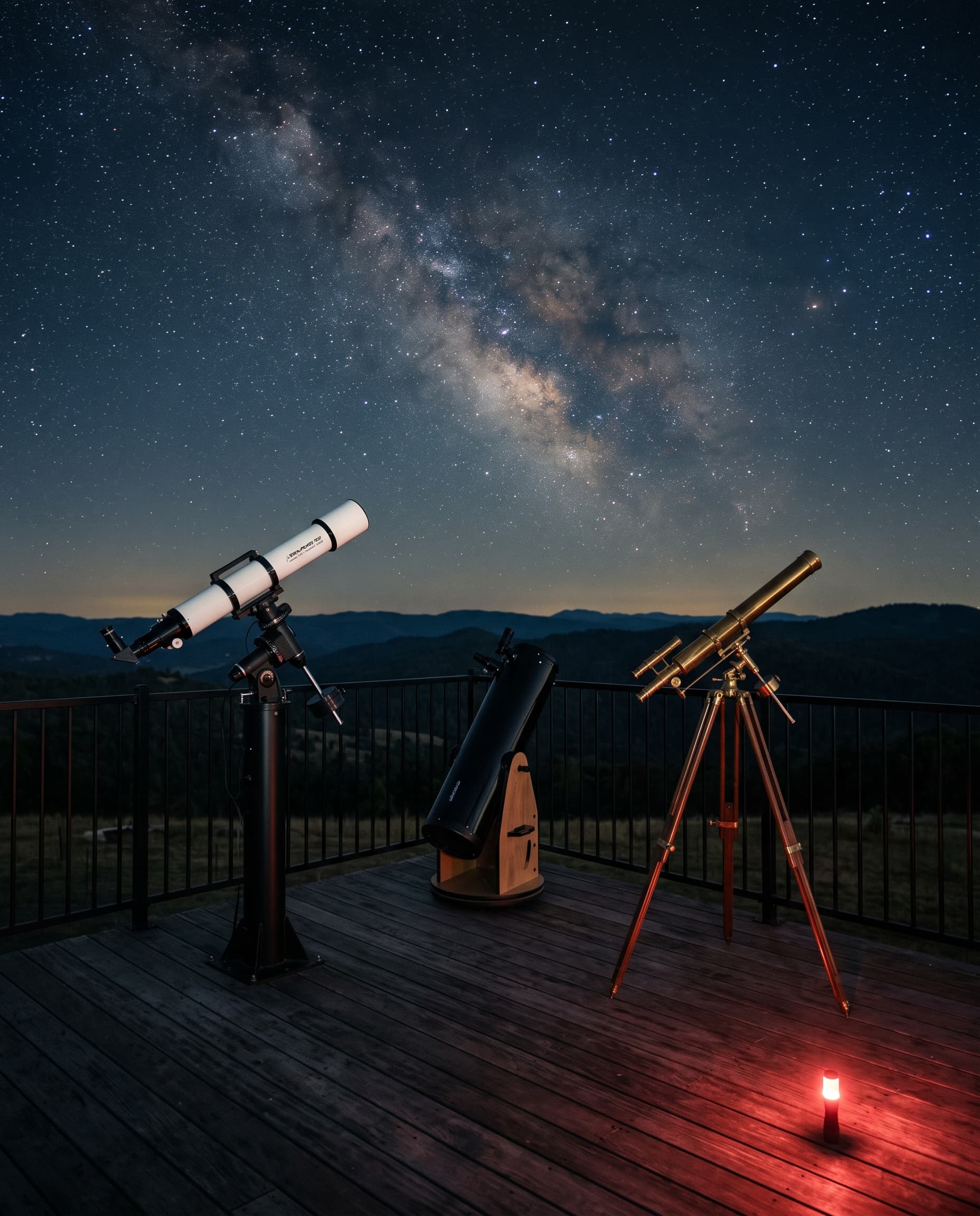 Telescopes on the roof deck at night under a sky full of stars